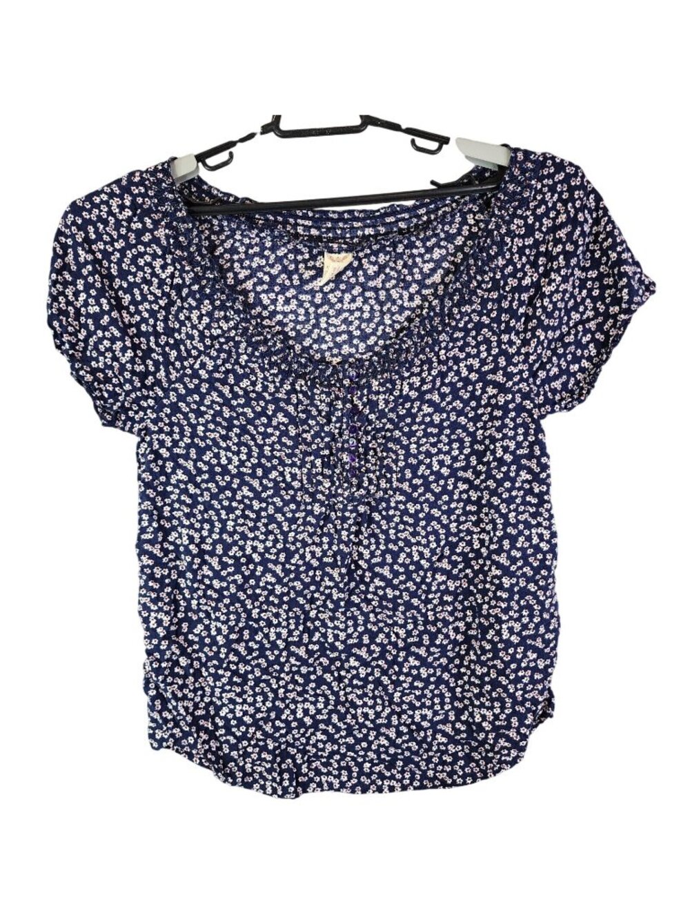 Womens Faded Glory Blue White Red Floral Blouse Button Front Short Sleeve Size S